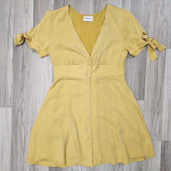 Sugar & Lips Women Golden Yellow Button Down Mini Dress Small - Picture 2 of 8